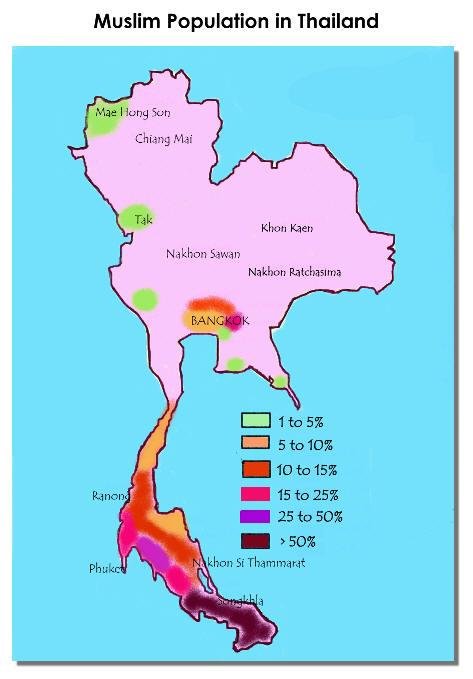 A map detailing the population of Muslims in Thailand