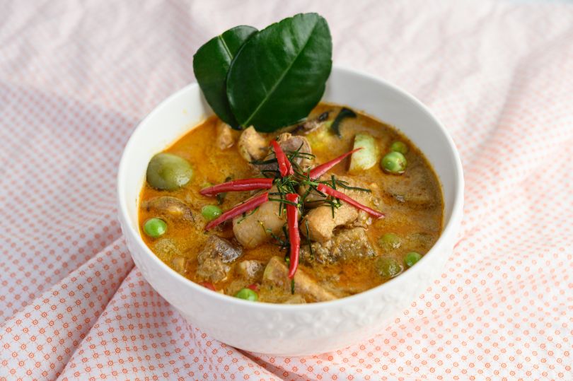 Bowl of halal chicken panang curry