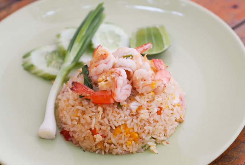 Plate of halal Thai fried rice with shrimps