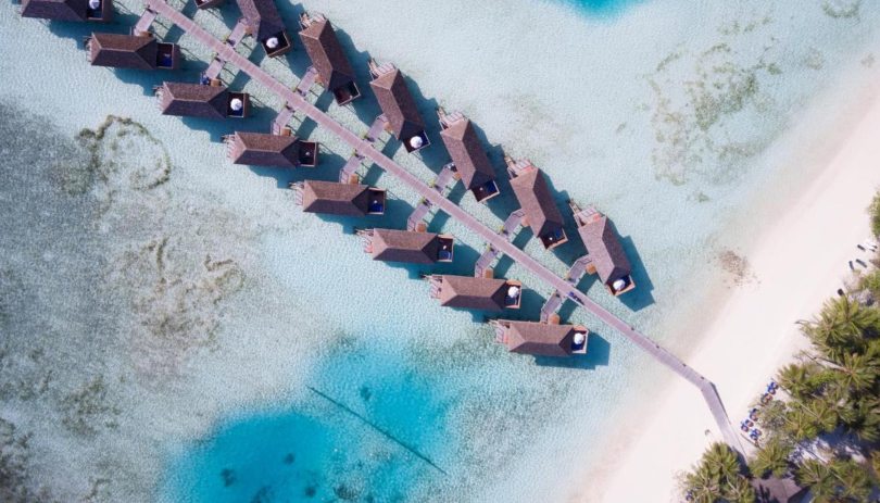 Aerial shot of Jacuzzi Water Villas at Meeru Island Resort