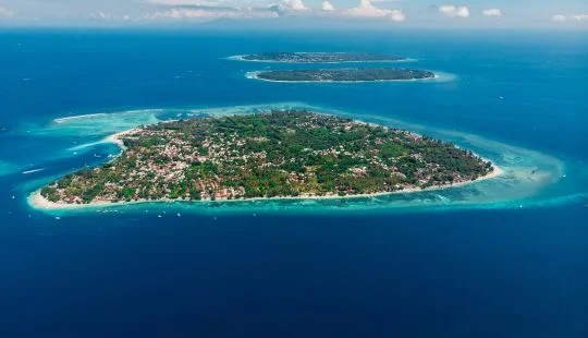 Aerial shot of Gili islands in Indonesia