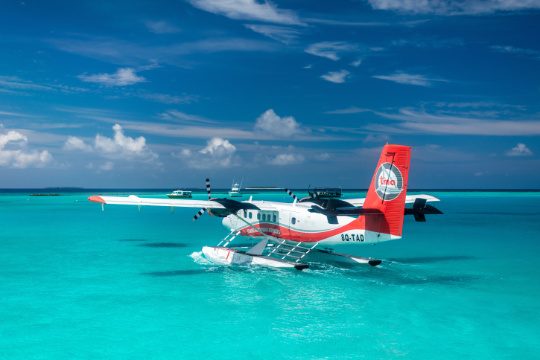 Seaplane taking off in the Maldives